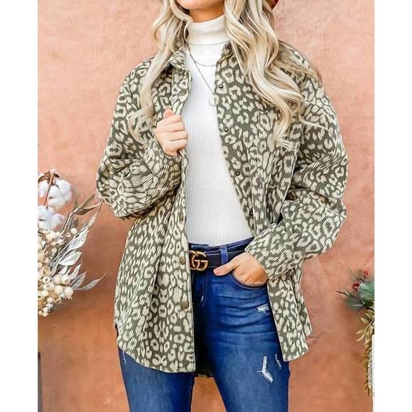 NEW AND THE WHY leopard corduroy jacket in olive - Picture 1 of 3
